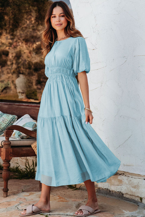 Puff Sleeve Pleated High Waist Flowy Long Dress